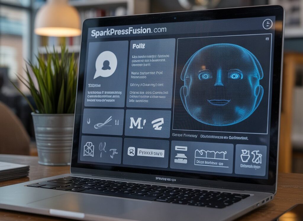 Futuristic interface of SparkPressFusion com showcasing AI tools and analytics.