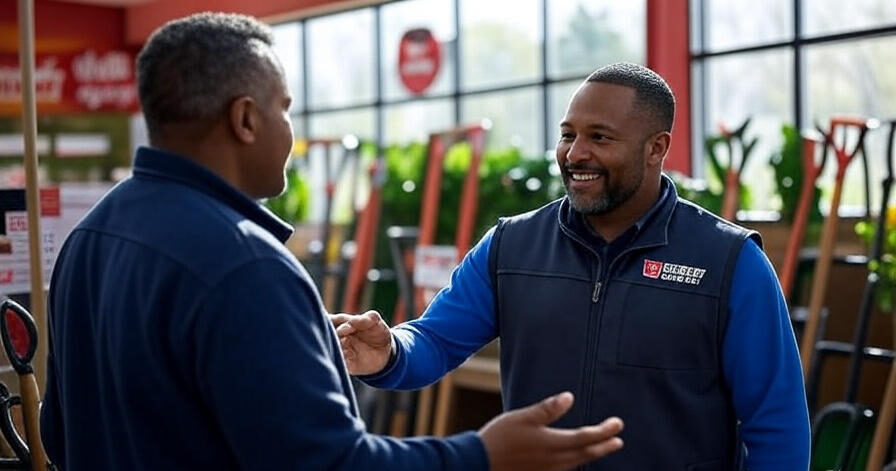 Sales associate helping customer at Tractor Supply store