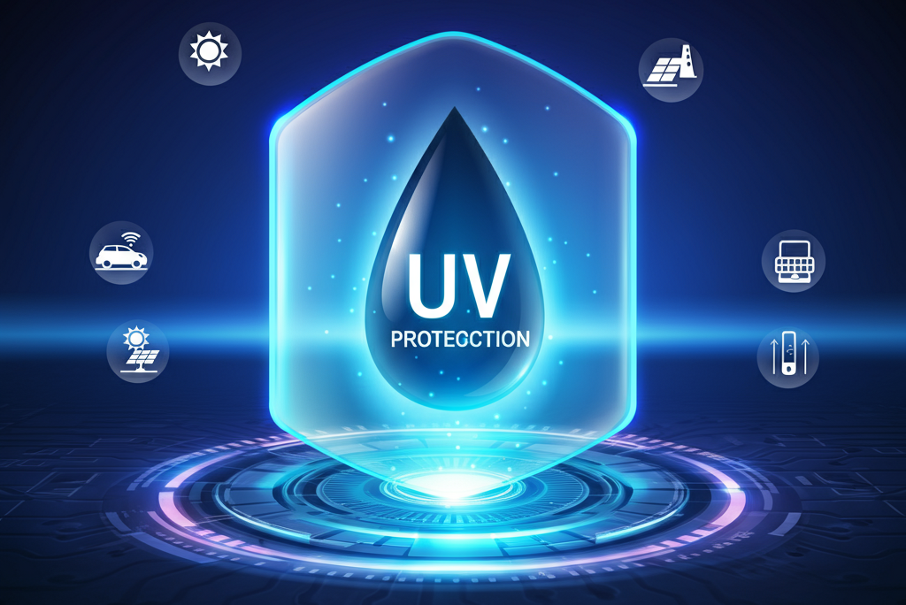 Futuristic glowing shield deflecting UV rays with icons of automotive, solar, and electronics applications.