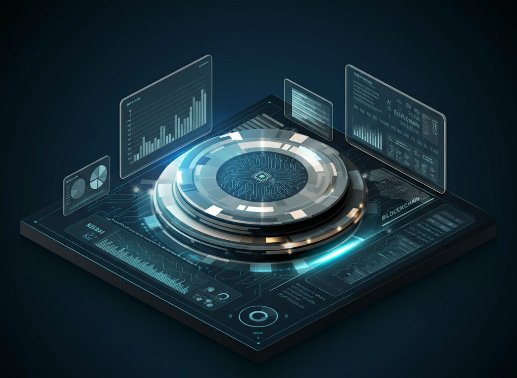 Futuristic digital platform with AI and blockchain integration