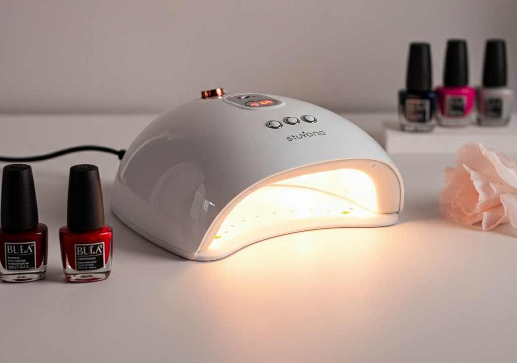 A sleek YWMLFZ 48W Cordless Nail Lamp glowing softly, surrounded by gel nail polish bottles, showcasing its portability and professional design.