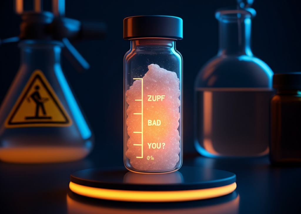 Abstract glowing substance in a lab setting, hinting at risks.