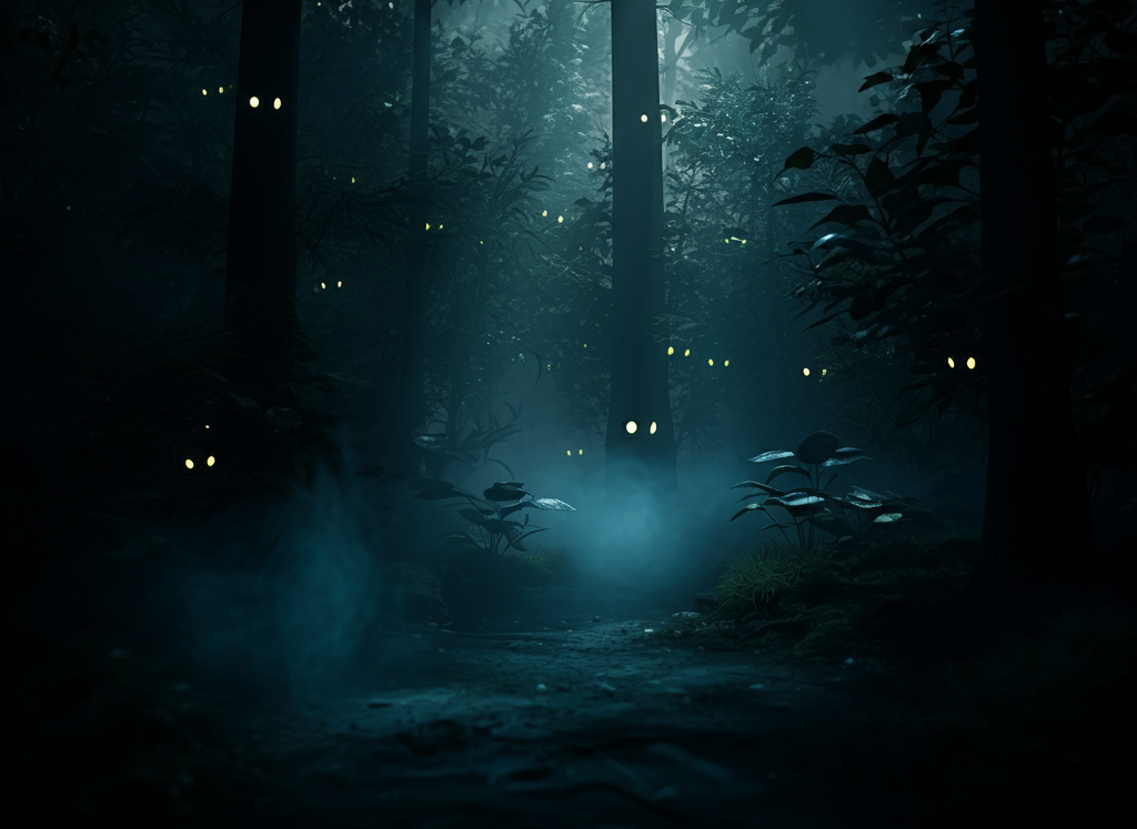 A dark forest with glowing eyes symbolizing the mystery of Zupfadtazak.