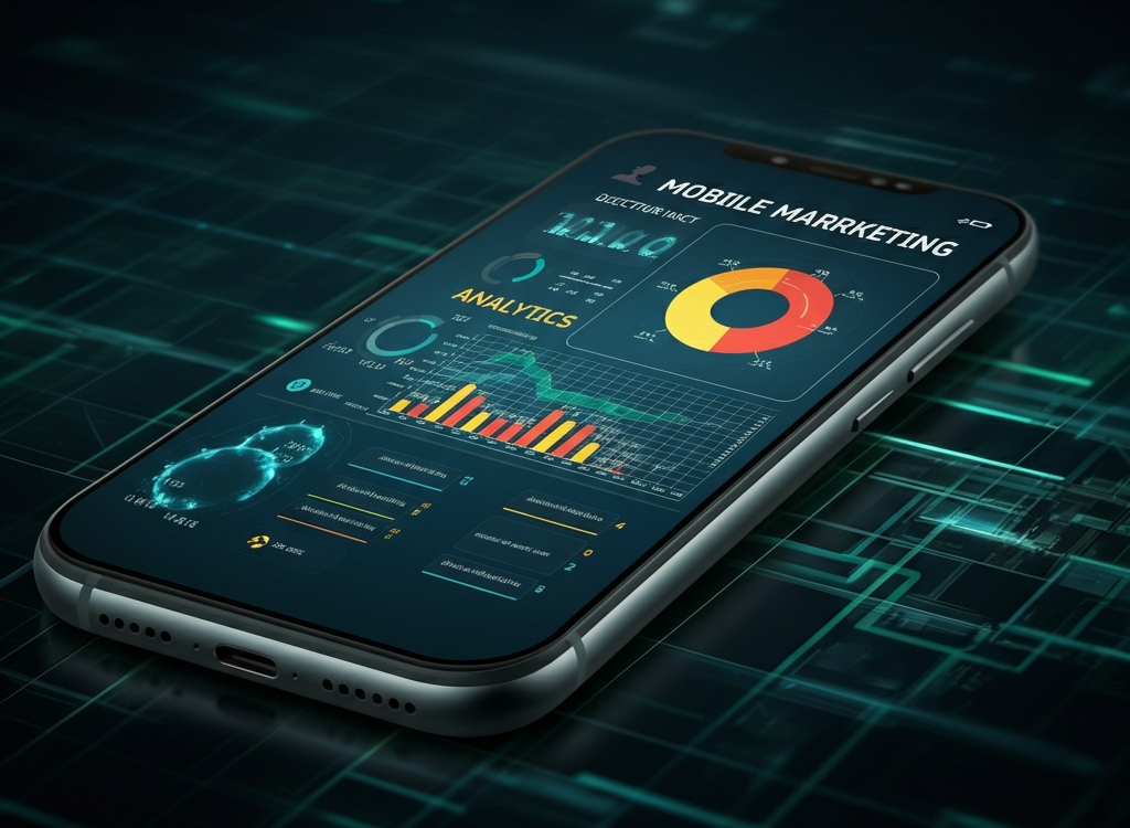 A smartphone showing analytics and marketing tools, symbolizing izonemedia360.com mobile.